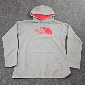 North Face Fleece Hoodie Womens Large Gray Red Logo Pullover